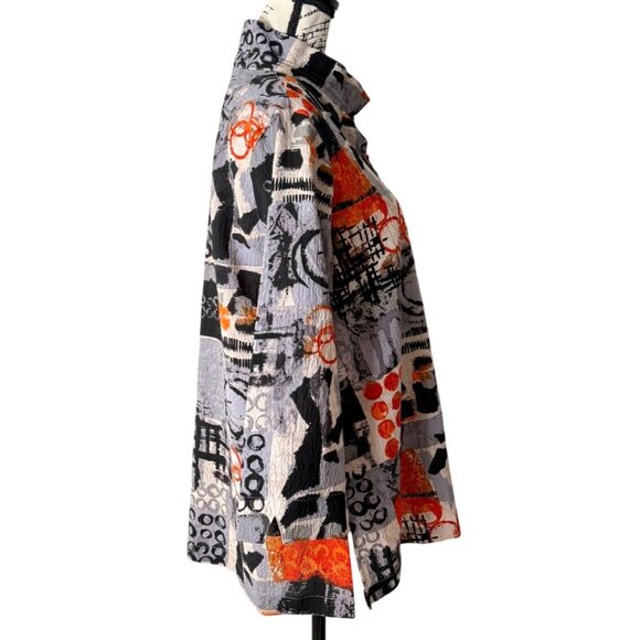 Ali Miles Womens Tunic Button-Up Abstract Print Gray Orange White Top Art Size M - Picture 2 of 8